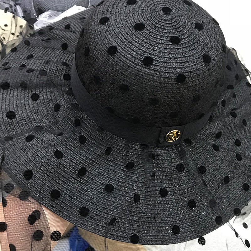 Dot Mesh Straw Beach Hat Wide Brim - DunbiBeauty, LLC