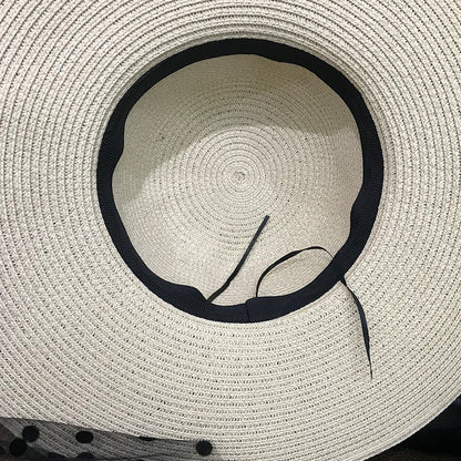 Dot Mesh Straw Beach Hat Wide Brim - DunbiBeauty, LLC