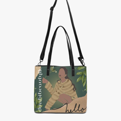 Double-Side Printing PU Tote Bag Black Woman with Flowers, Green, Grace, Beauty (Designed By Dunbi) - DunbiBeauty, LLC