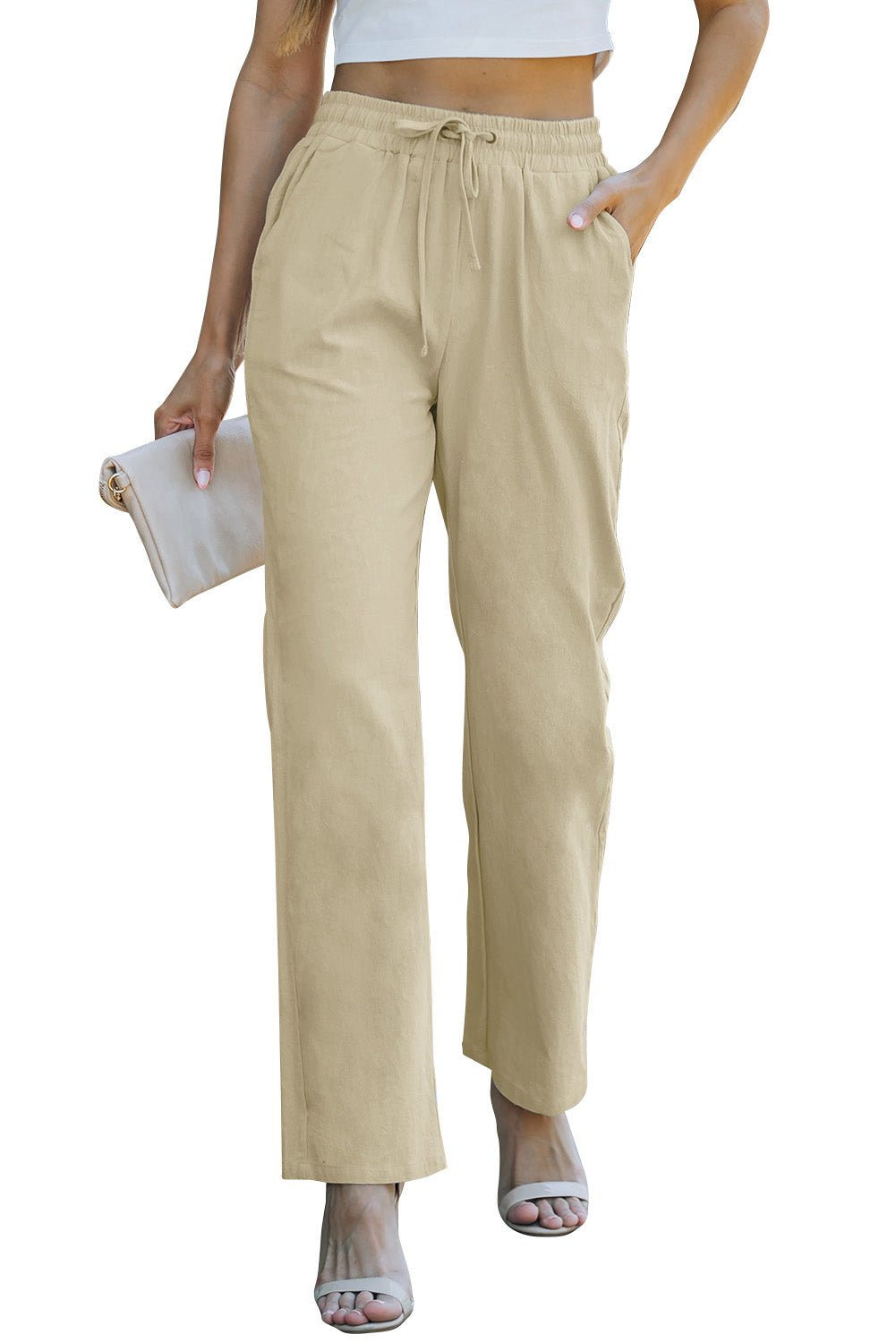 Drawstring Elastic Waist Pockets Long Straight Legs Pants - DunbiBeauty, LLC