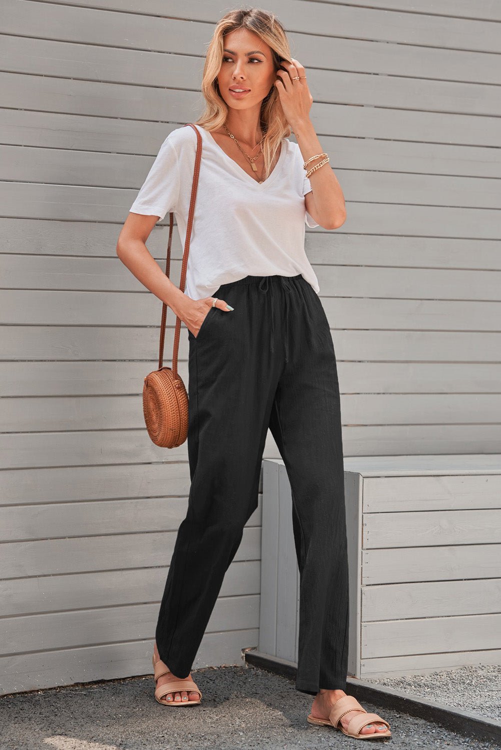 Drawstring Elastic Waist Pockets Long Straight Legs Pants - DunbiBeauty, LLC