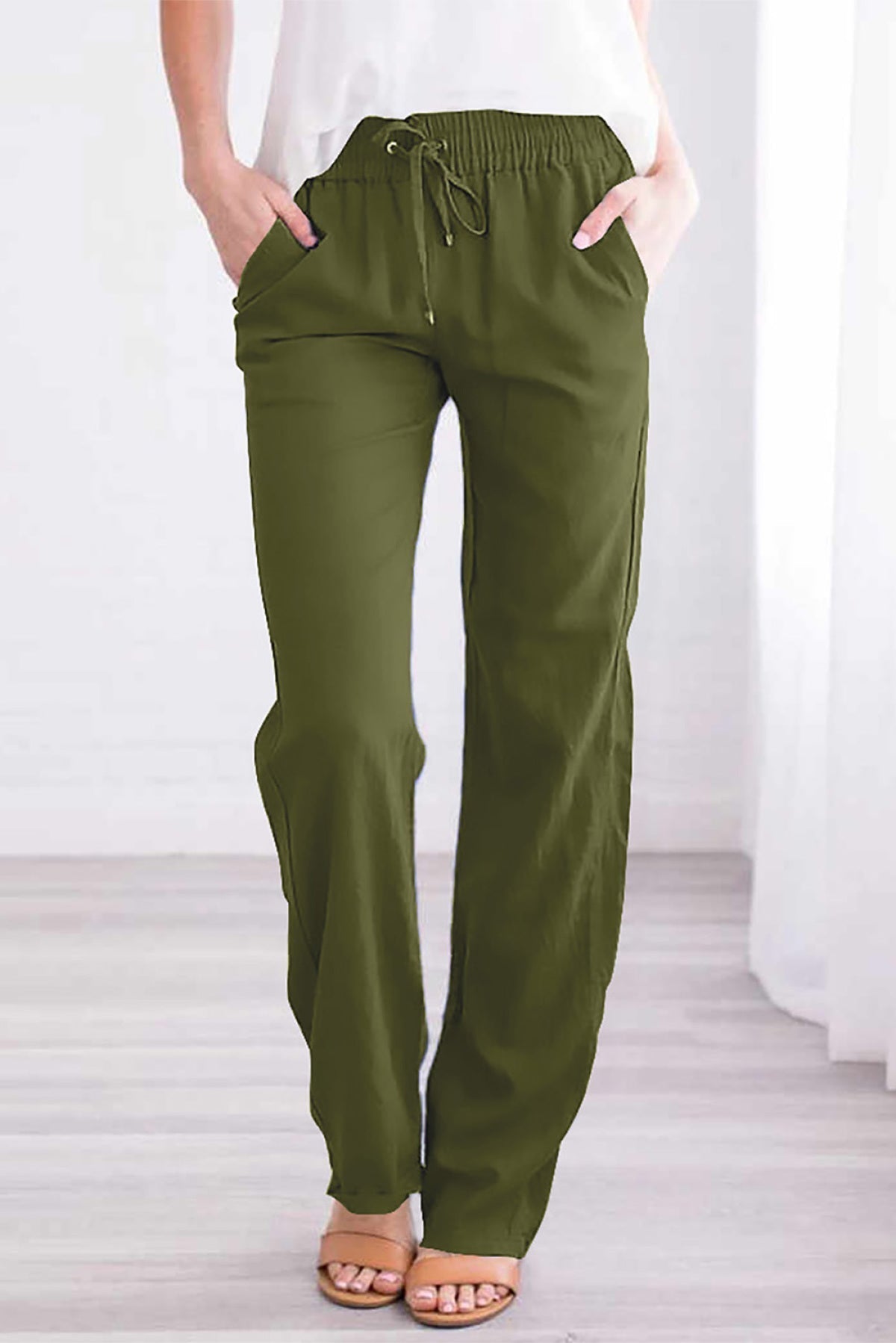 Drawstring Elastic Waist Pockets Long Straight Legs Pants - DunbiBeauty, LLC