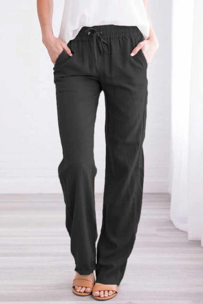 Drawstring Elastic Waist Pockets Long Straight Legs Pants - DunbiBeauty, LLC