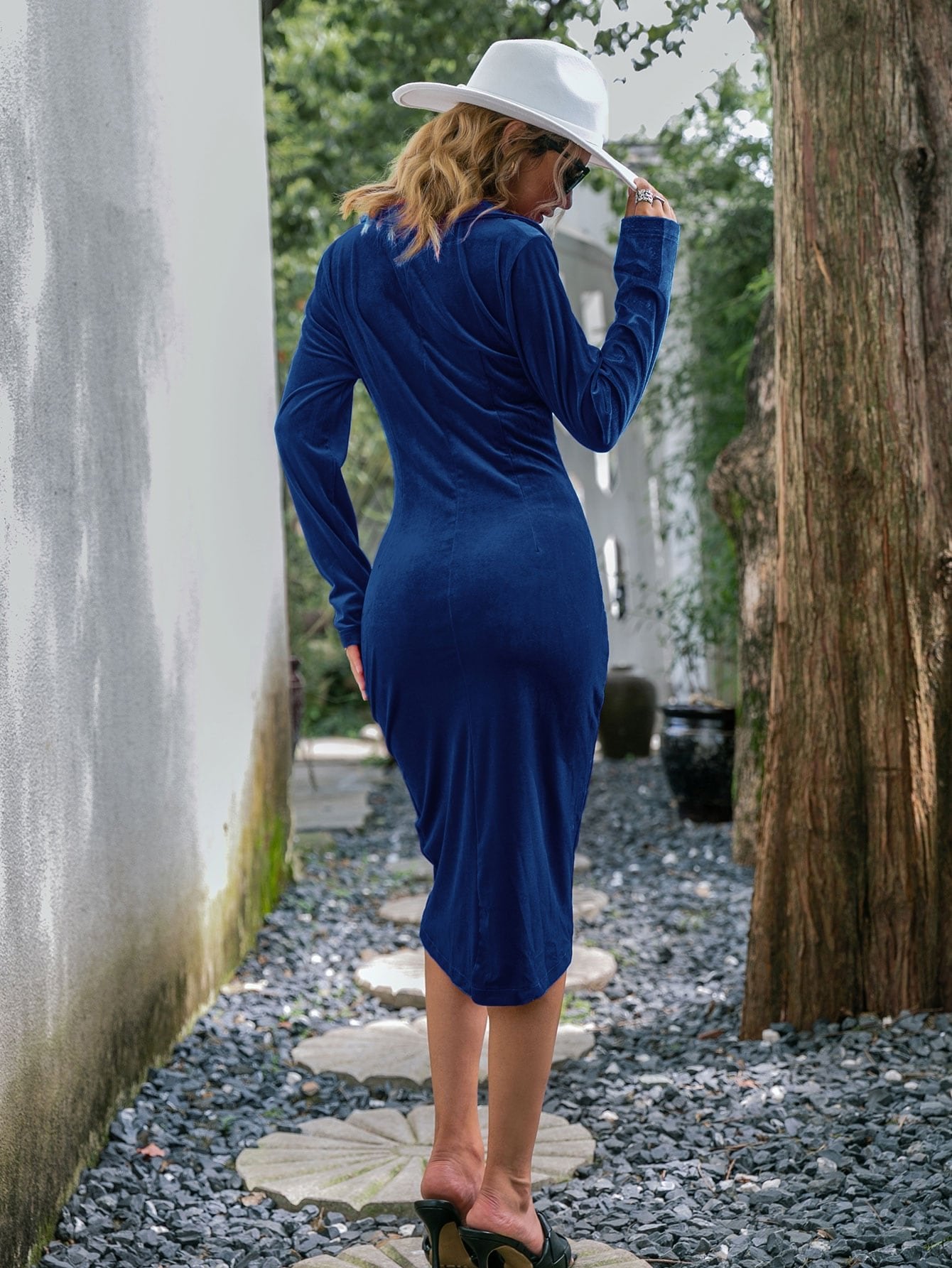 Drawstring Front Velvet Bodycon Dress - DunbiBeauty, LLC