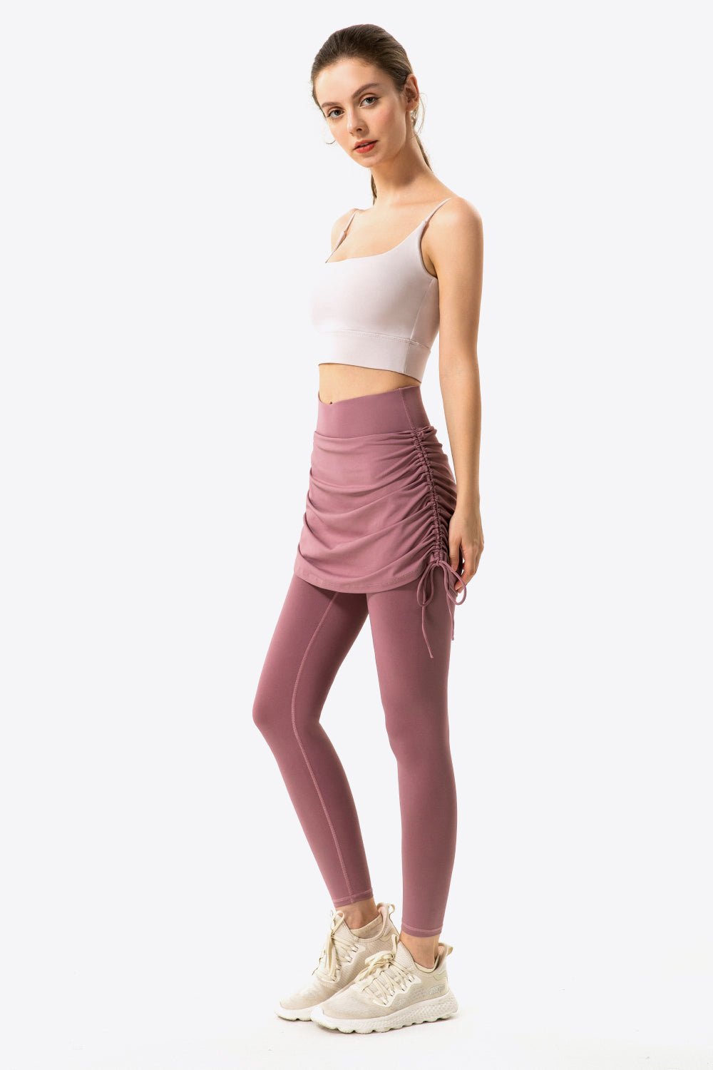 Drawstring Ruched Faux Layered Yoga Leggings - DunbiBeauty, LLC