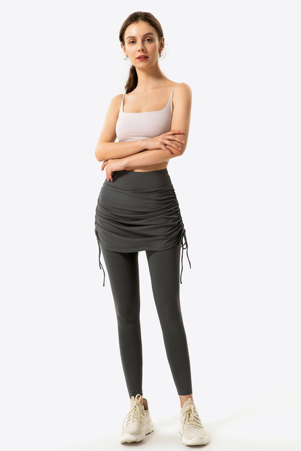 Drawstring Ruched Faux Layered Yoga Leggings - DunbiBeauty, LLC