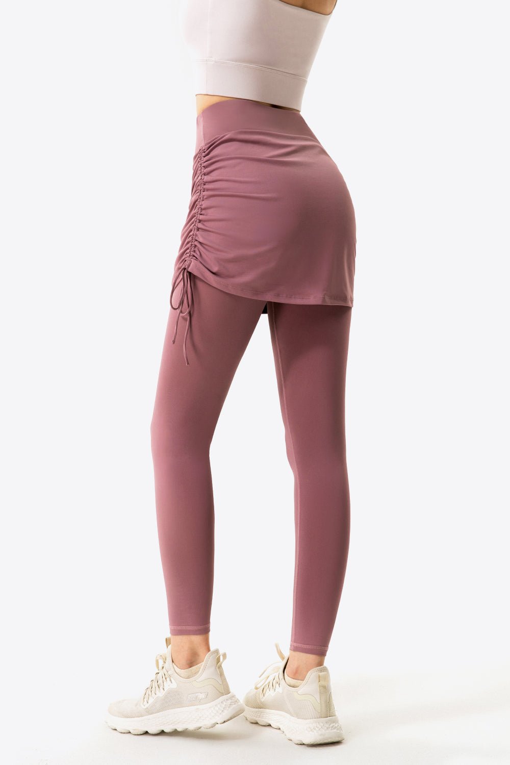 Drawstring Ruched Faux Layered Yoga Leggings - DunbiBeauty, LLC