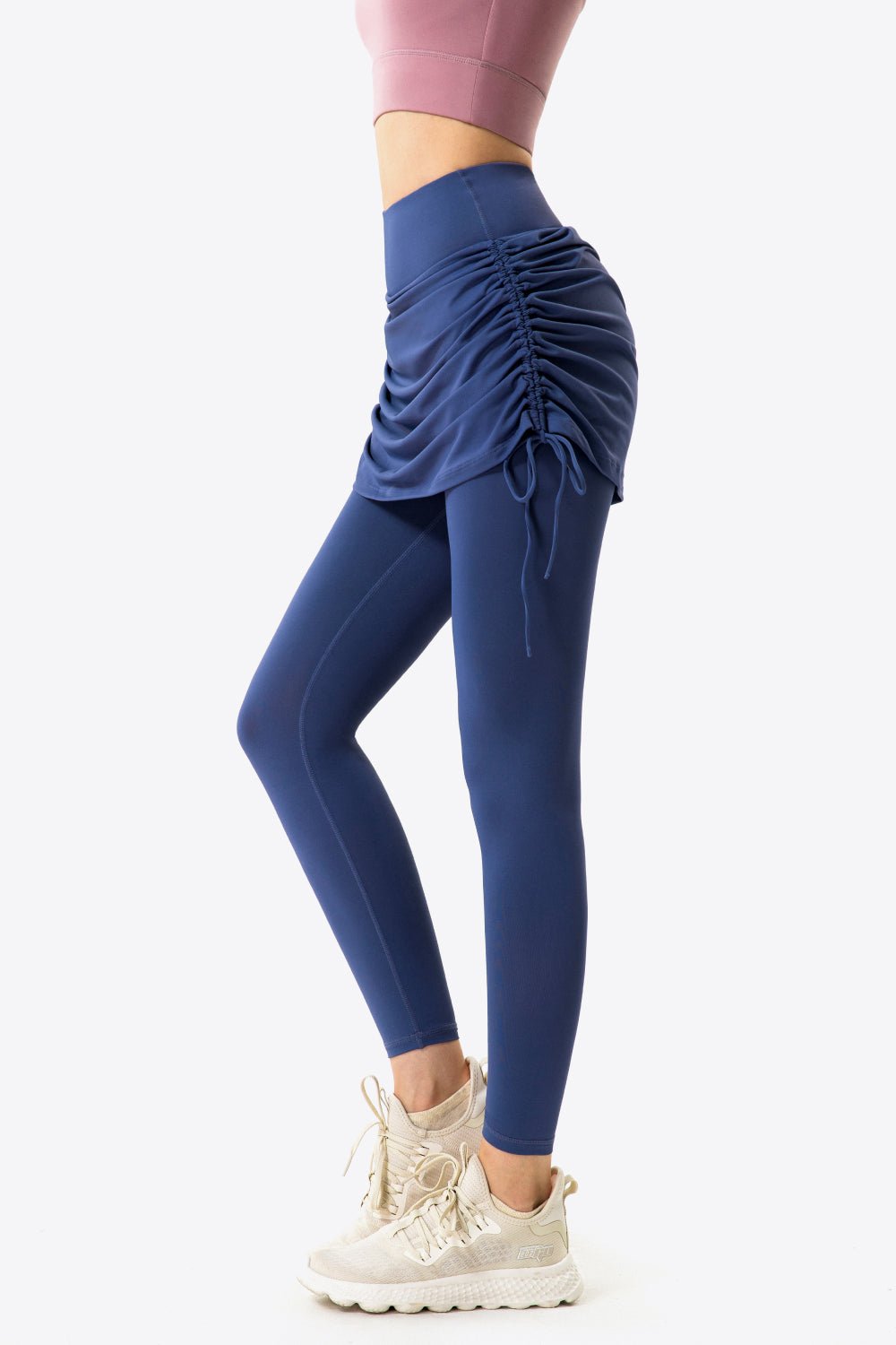 Drawstring Ruched Faux Layered Yoga Leggings - DunbiBeauty, LLC