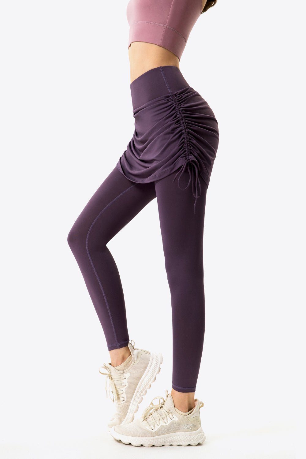 Drawstring Ruched Faux Layered Yoga Leggings - DunbiBeauty, LLC