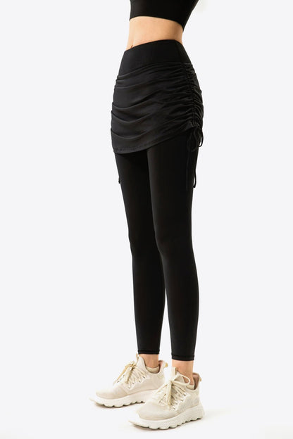 Drawstring Ruched Faux Layered Yoga Leggings - DunbiBeauty, LLC