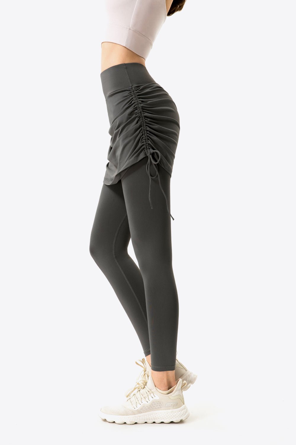 Drawstring Ruched Faux Layered Yoga Leggings - DunbiBeauty, LLC