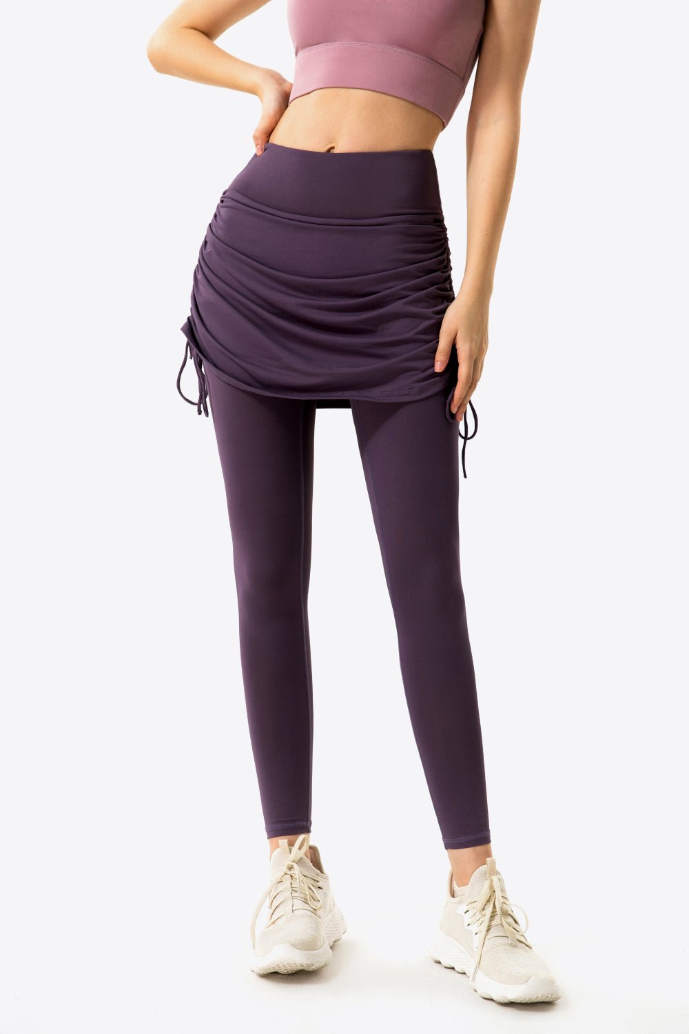 Drawstring Ruched Faux Layered Yoga Leggings - DunbiBeauty, LLC