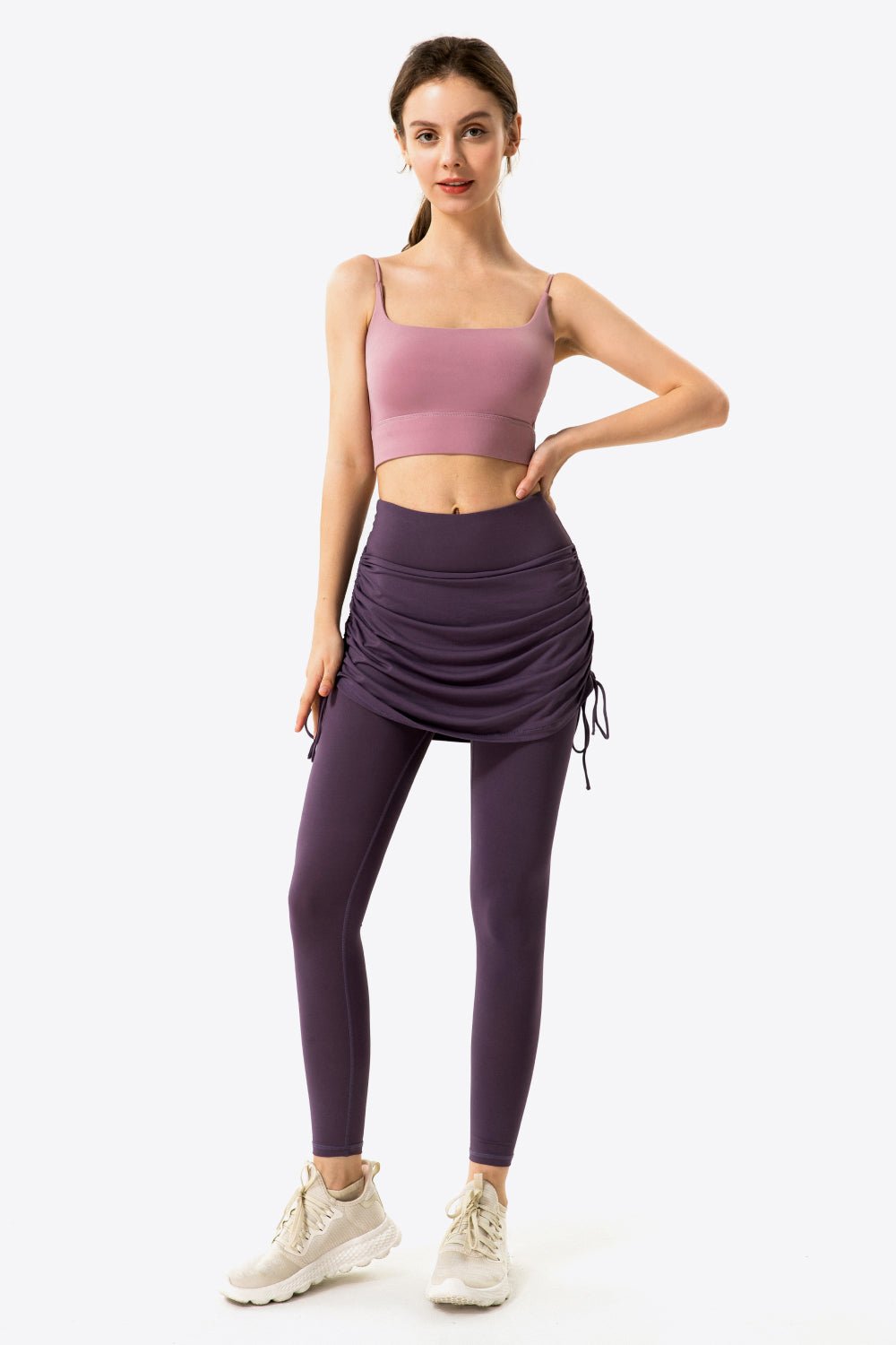 Drawstring Ruched Faux Layered Yoga Leggings - DunbiBeauty, LLC