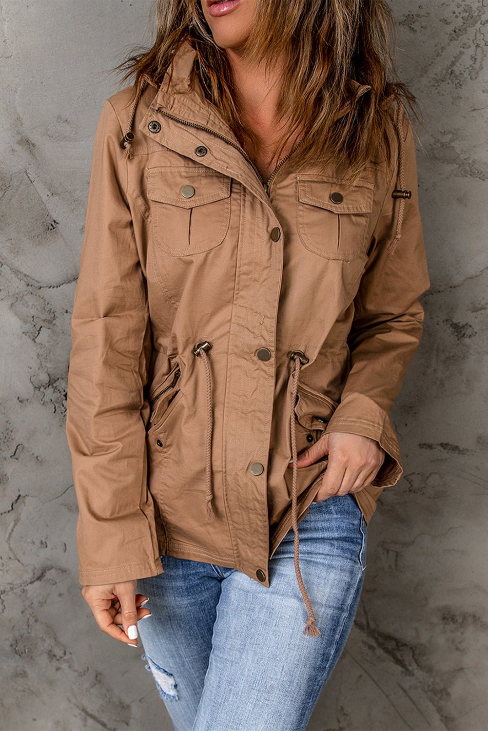 Drawstring Waist Hooded Jacket with Pockets - DunbiBeauty, LLC