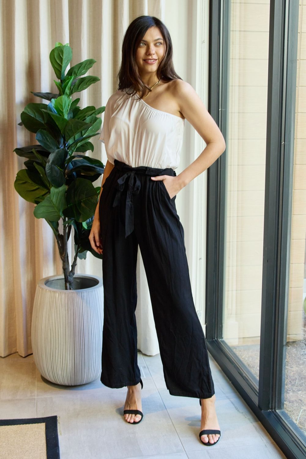 Dress Day Marvelous in Manhattan One-Shoulder Jumpsuit in White/Black - DunbiBeauty, LLC