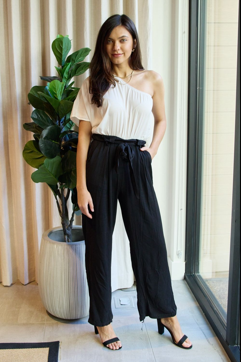 Dress Day Marvelous in Manhattan One-Shoulder Jumpsuit in White/Black - DunbiBeauty, LLC