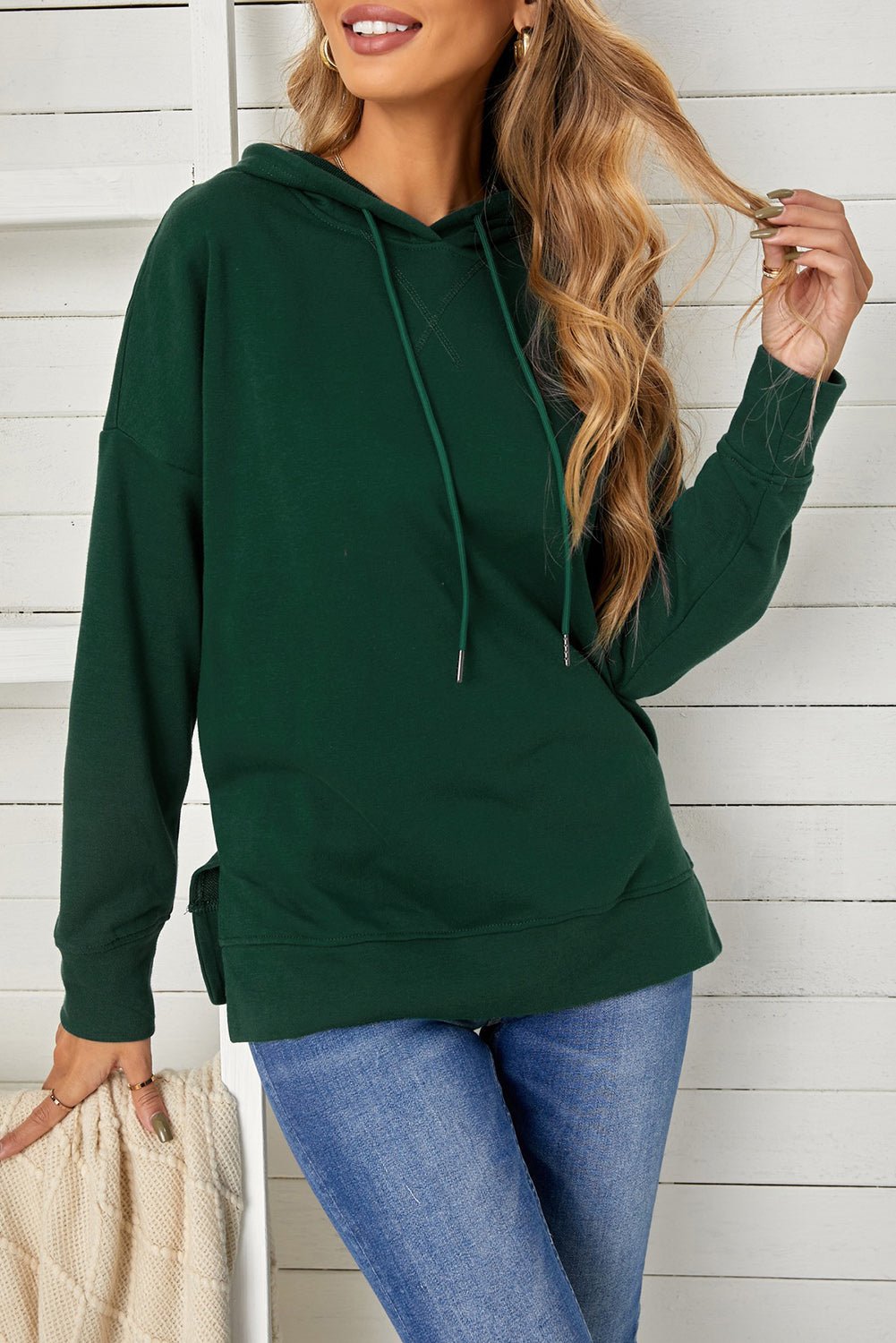 Drop Shoulder Hoodie with Slit - DunbiBeauty, LLC