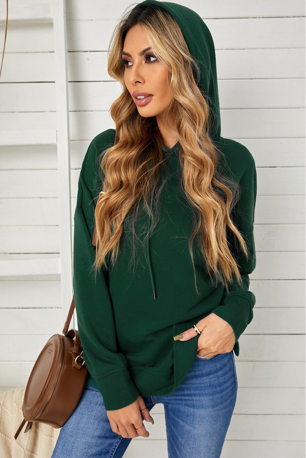 Drop Shoulder Hoodie with Slit - DunbiBeauty, LLC