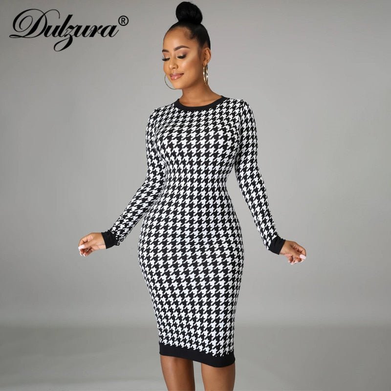 Dulzura Women's Houndstooth Bodycon Midi Dress - DunbiBeauty, LLC