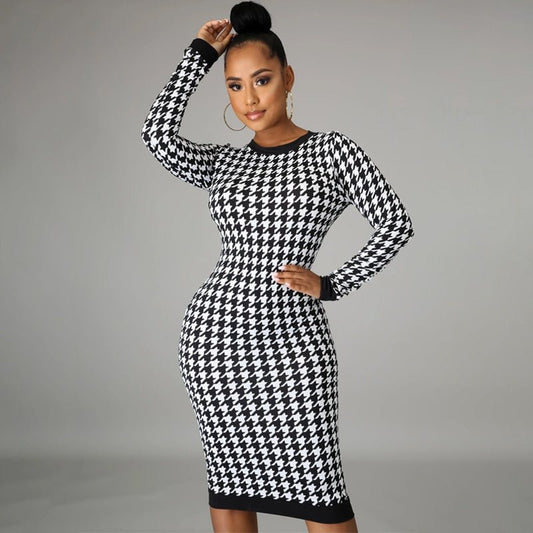 Dulzura Women's Houndstooth Bodycon Midi Dress - DunbiBeauty, LLC