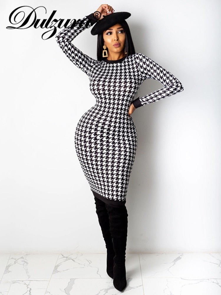 Dulzura Women's Houndstooth Bodycon Midi Dress - DunbiBeauty, LLC