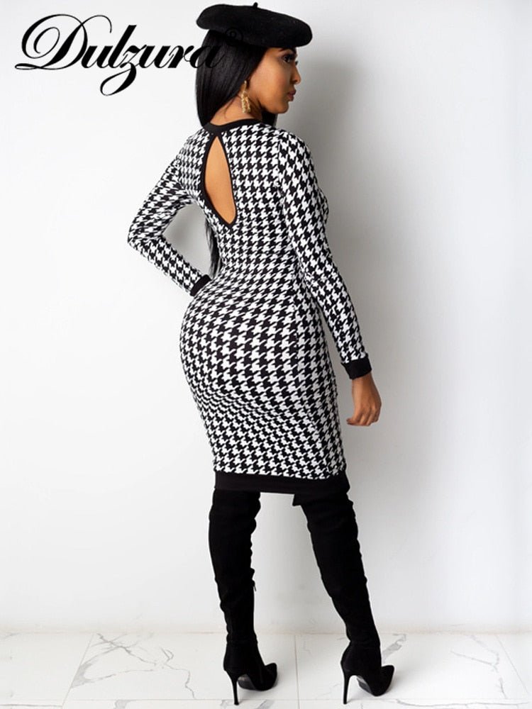 Dulzura Women's Houndstooth Bodycon Midi Dress - DunbiBeauty, LLC