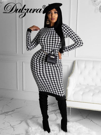 Dulzura Women's Houndstooth Bodycon Midi Dress - DunbiBeauty, LLC