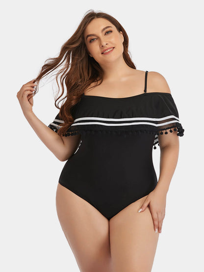 Plus Size Striped Cold-Shoulder One-Piece Swimsuit Trendsi