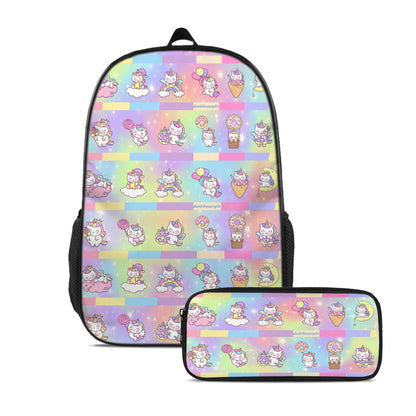 Youth Personalized School Bag (Polyester Boning) + Pen Pouch | Oxford Cloth -Kawaii Unicorn, Pastel Rainbow, Clouds, Pink, Purple, Blue, Yellow, Sleepy Unicorn, Hungry Unicorn, Moon, Candy, Donuts, Ice Cream (Designed by Dunbi)