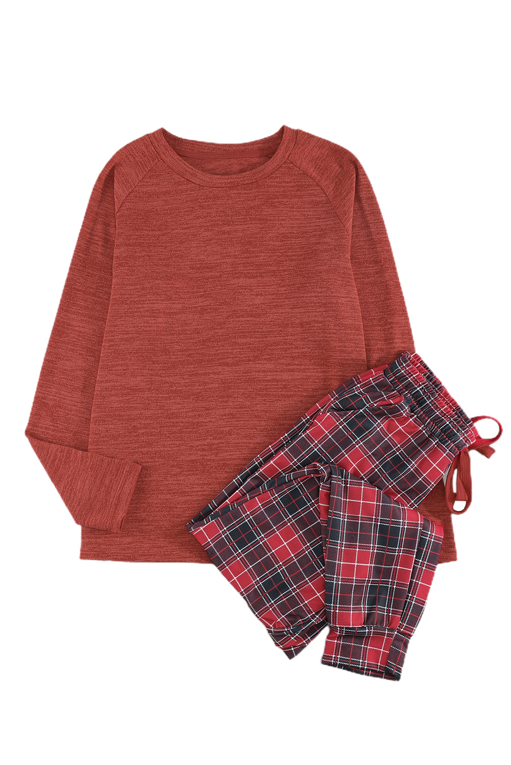 Solid Long Sleeve Top And Plaid Pants Loungewear Kiwidrop