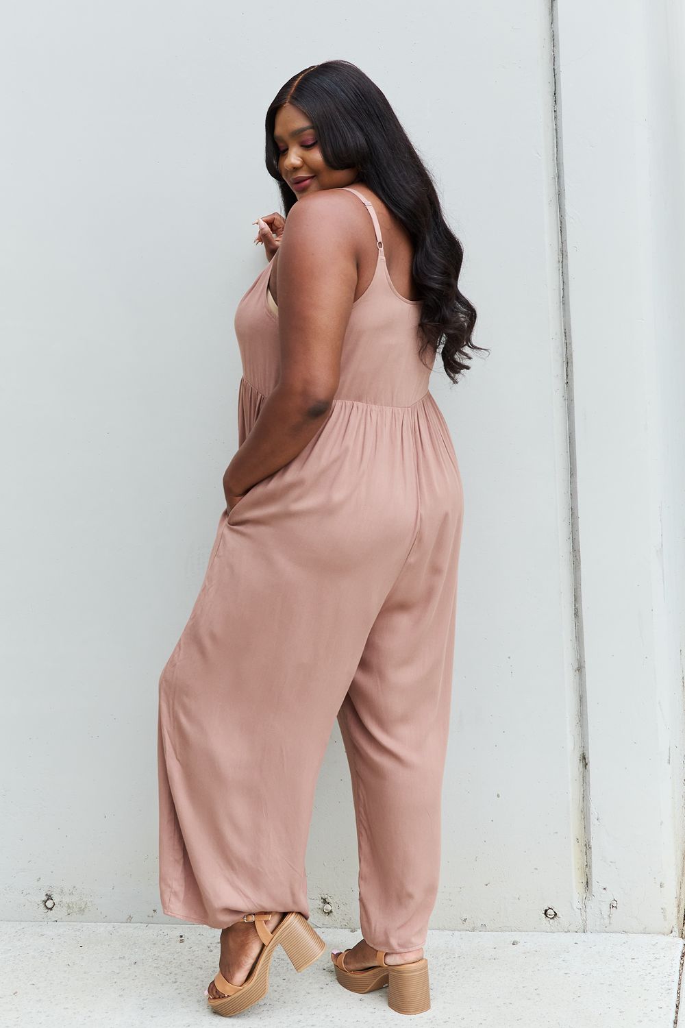 HEYSON All Day Full Size Wide Leg Button Down Jumpsuit in Mocha