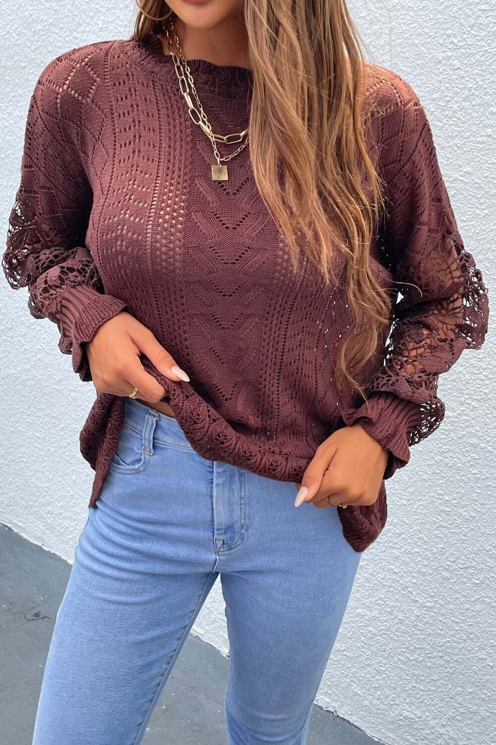 Spliced Lace Crochet Sleeve Sweater Trendsi