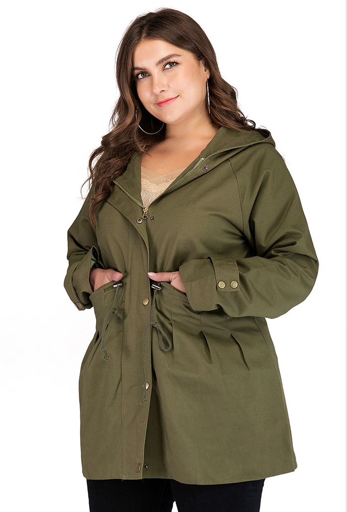 Plus Size Army Green Drawstring Hooded Trench Coat Kiwidrop