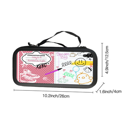 Nintendo Switch Storage Bag (Double-Sided Printing)｜Eva Material - Back to School, Composition Notebook Style, Doodles, Scribbles, Writing, Green, Pink (Designed by Dunbi)