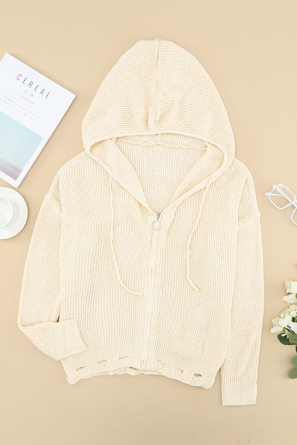 Zipper V-Neck Dropped Sleeve Hooded Solid Sweater Kiwidrop