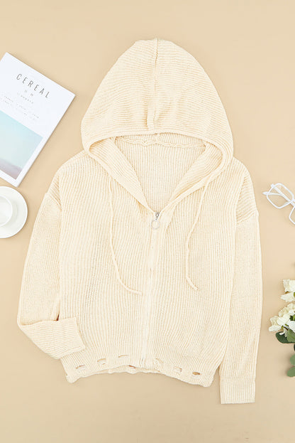 Zipper V-Neck Dropped Sleeve Hooded Solid Sweater Kiwidrop