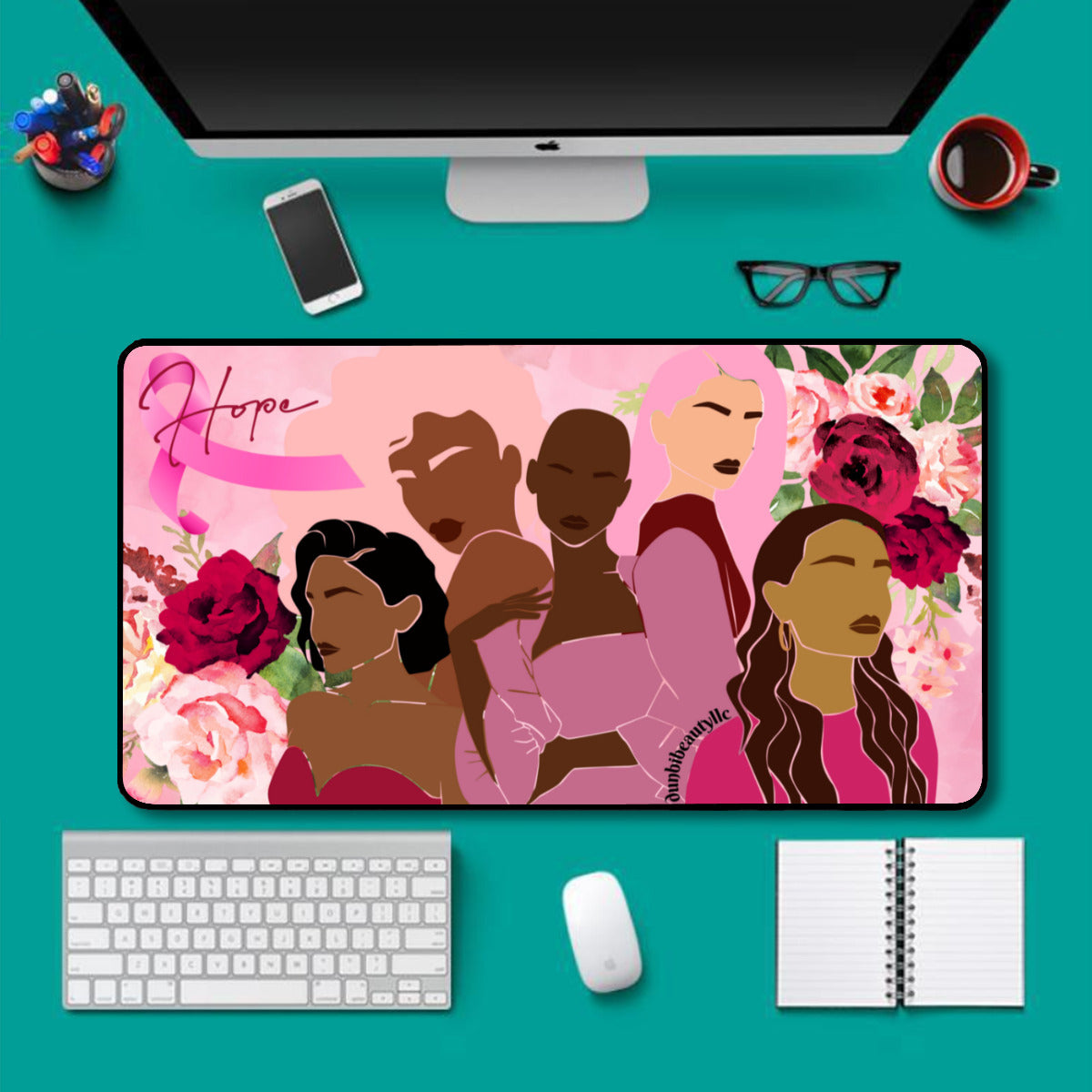 Black Lock Edge Mouse Pad (16×30inch)｜Polyester -Unity, Hope, Pink, Hot Pink, Burgundy, Roses, Breast Cancer Awareness, Women, Black, Hispanic, White, Hair, Smooth (Designed by Dunbi)