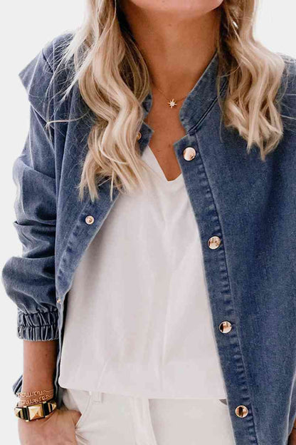 Shoulder Detail Denim Button Down Shirt Trendsi