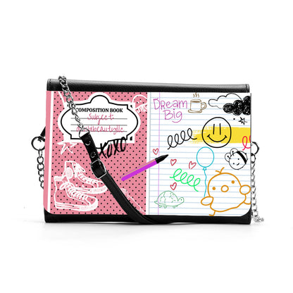 Women's Multifunctional Satchel｜ PU - Back to School, Composition Notebook Style, Doodles, Scribbles, Writing, Girl, Pink (Designed by Dunbi)