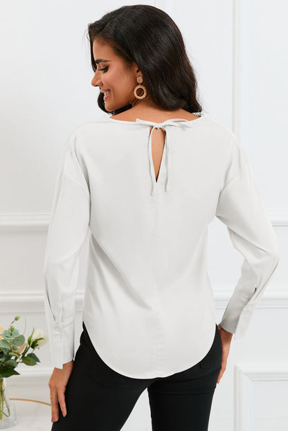 Cowl Neck Dropped Shoulder Long Sleeve Back Tie Blouse