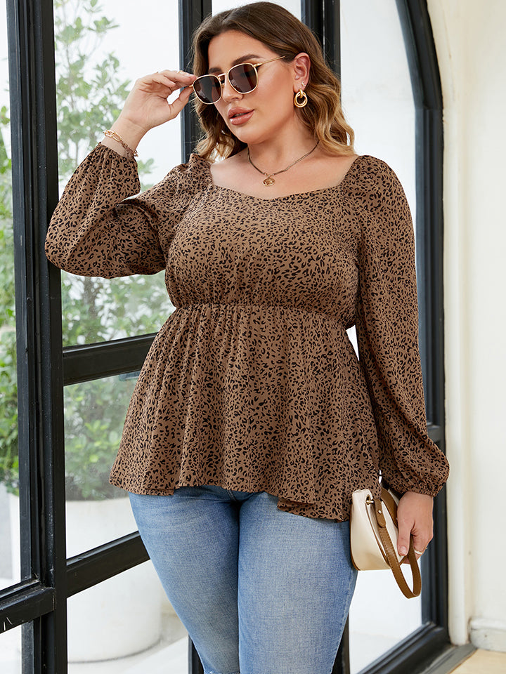 Plus Size Leopard Square Neck Long Sleeve Blouse