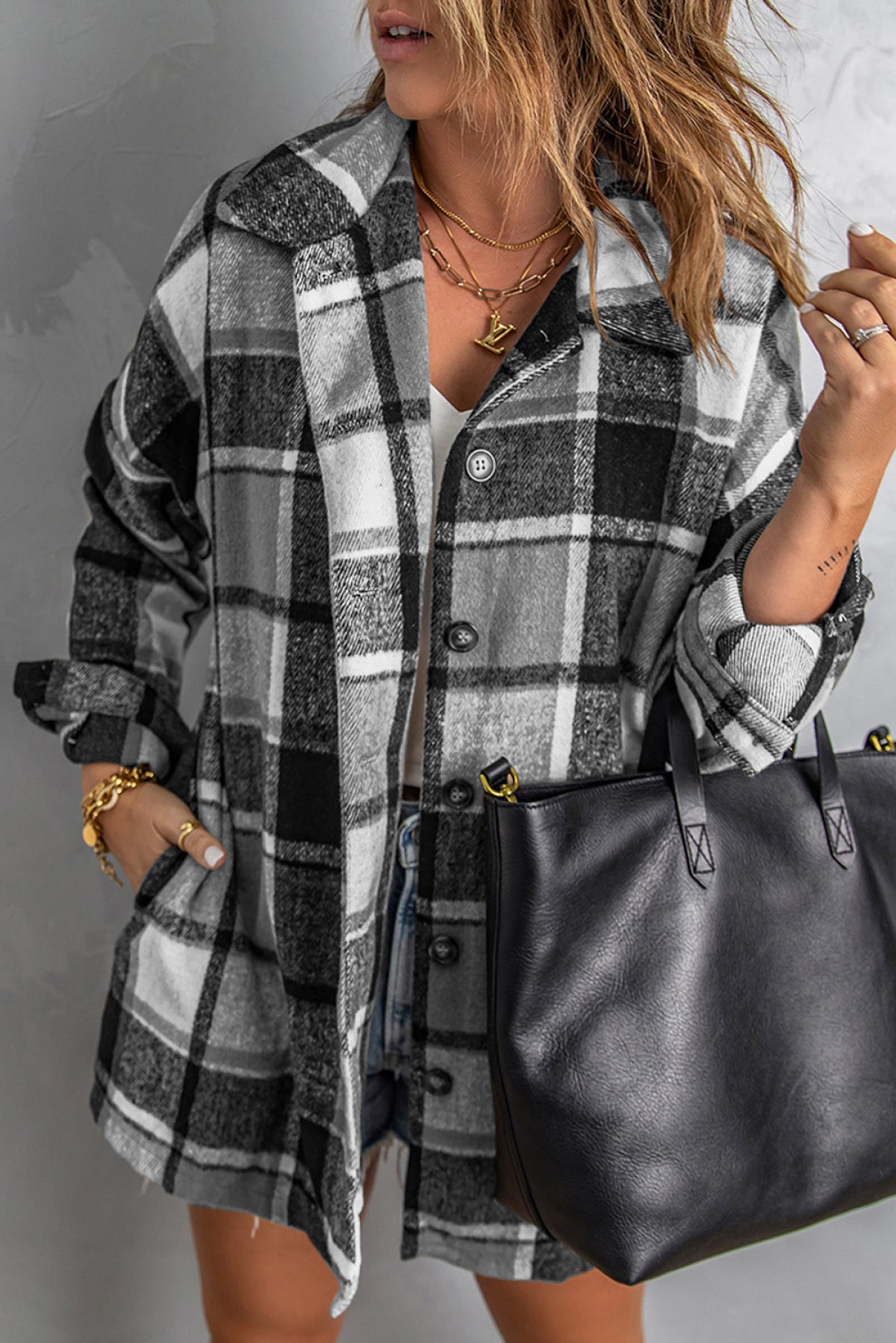 Plaid Print Buttoned Shirt Jacket Kiwidrop