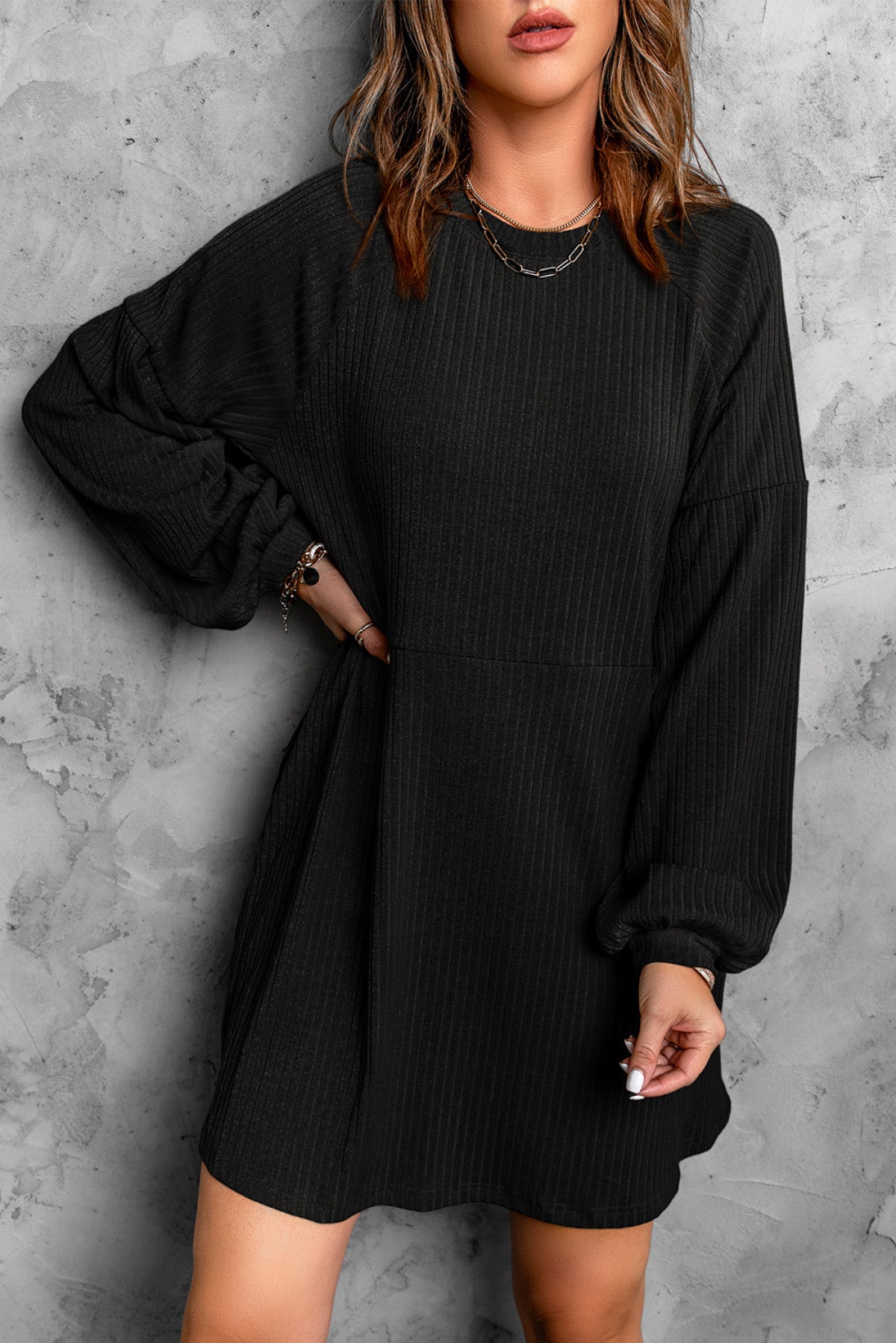 Round Neck Empire Waist Ribbed Knit Dress Kiwidrop