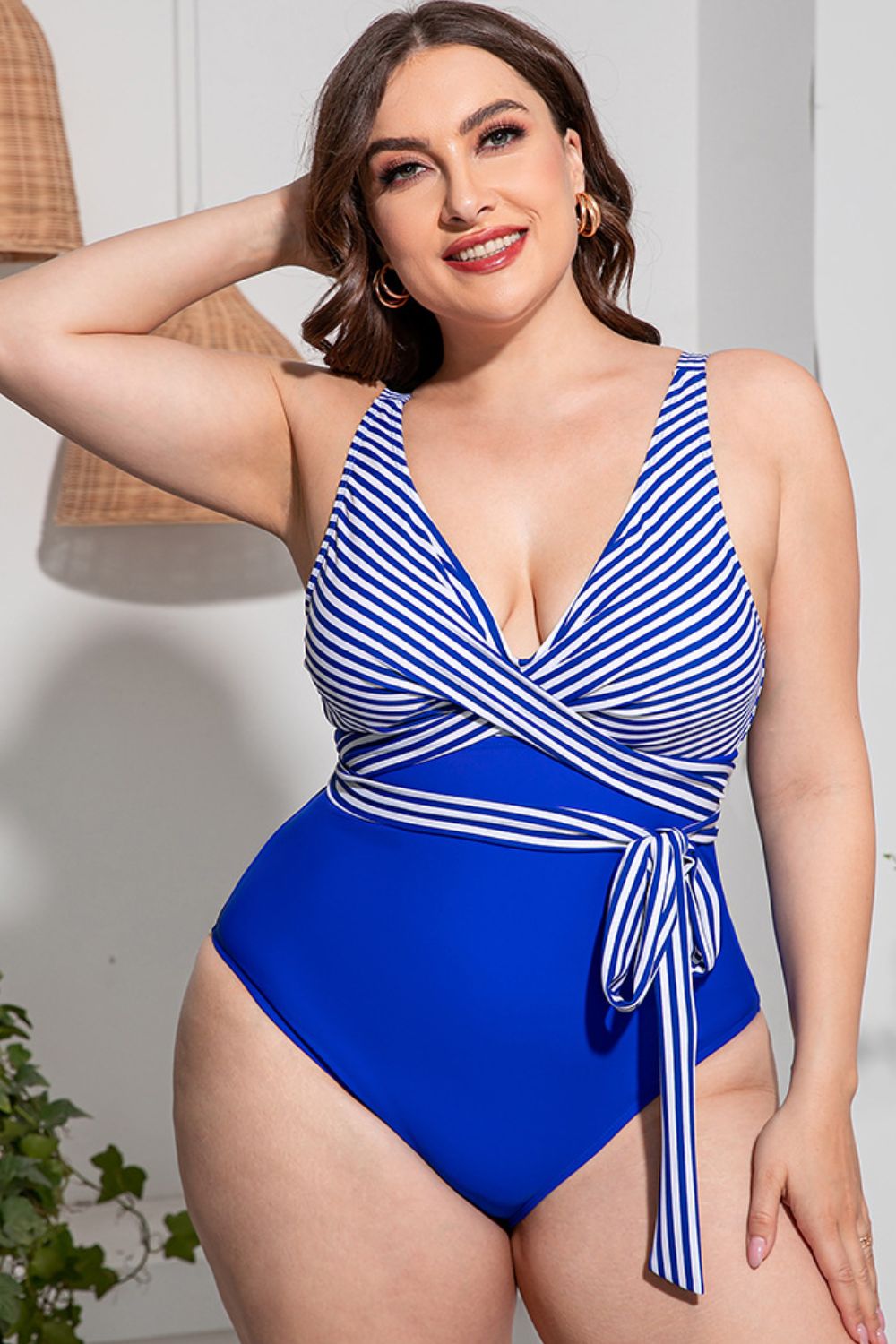 Plus Size Striped Tie-Waist One-Piece Swimsuit Trendsi