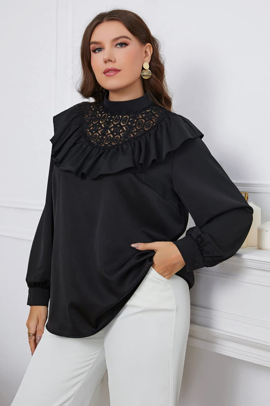 Plus Size Ruffle Trim Mock Neck Blouse