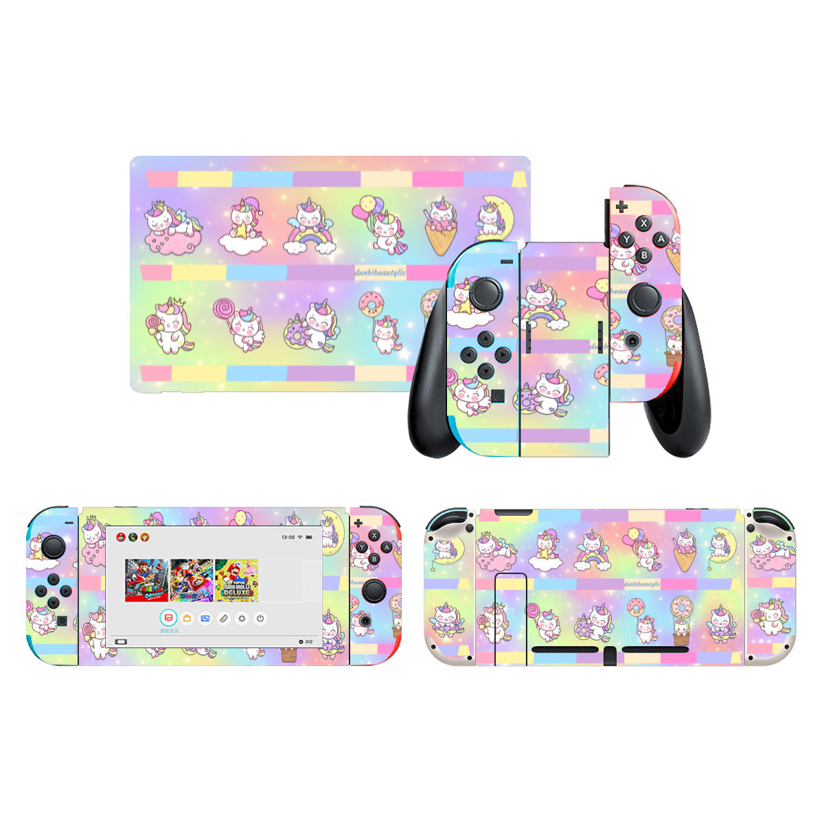 Nintendo Switch Game Console Stickers ｜PVC -Kawaii Unicorn, Pastel Rainbow, Clouds, Pink, Purple, Blue, Yellow, Sleepy Unicorn, Hungry Unicorn, Moon, Candy, Donuts, Ice Cream (Designed by Dunbi)