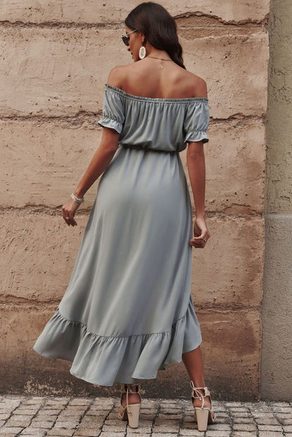 Off-Shoulder Drawstring Waist Ruffled High-Low Dress