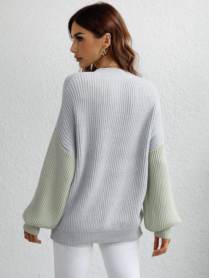 Two-Tone Rib-Knit Dropped Shoulder Sweater Trendsi