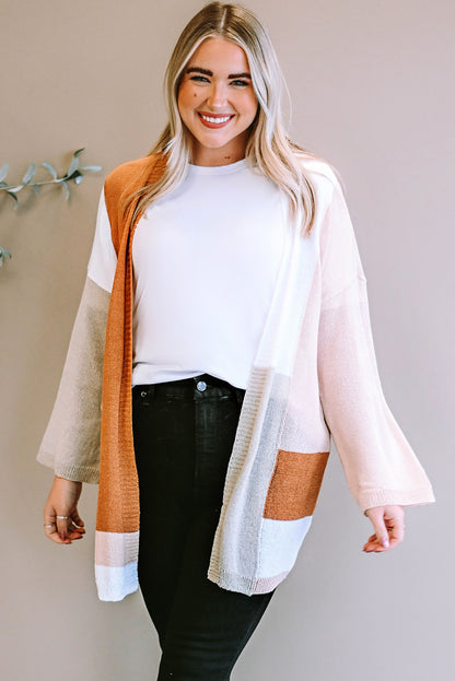 Plus Size Color Block Open Front Longline Cardigan