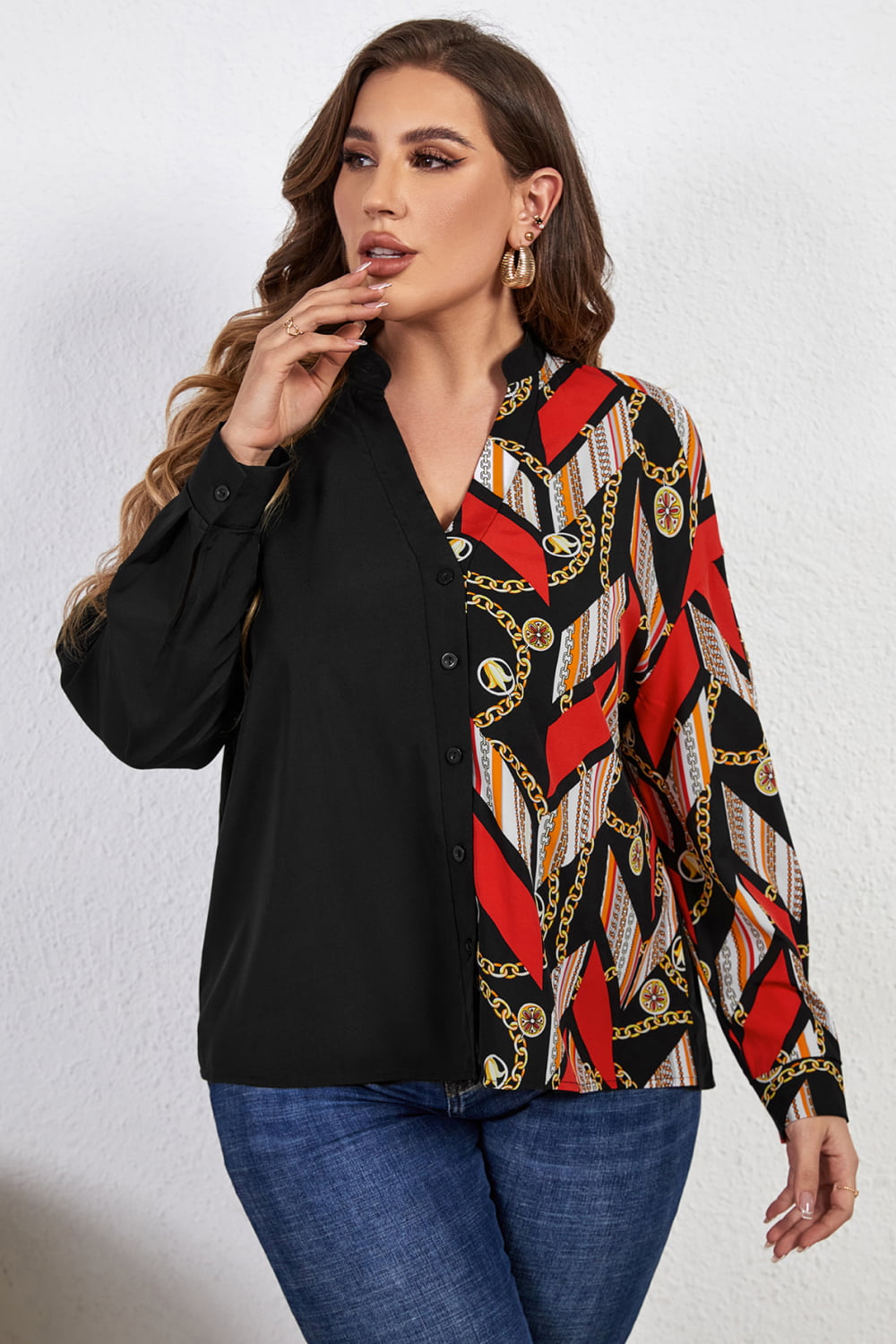 Plus Size Contrast Color Notched Neck Shirt